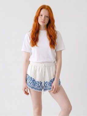 Abercrombie & Fitch White Shorts with Blue Embroidered Hem